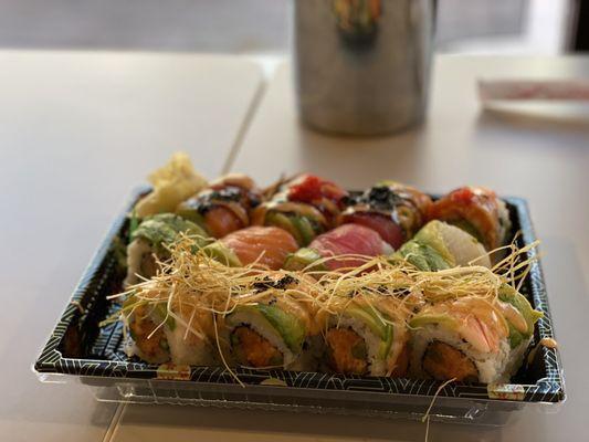 Special roll with fried leeks on top, rainbow roll, zombie roll (buy 2, get 1 free )