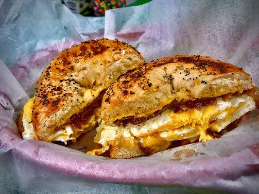 Bacon egg and cheese on NYC Everything Bagel