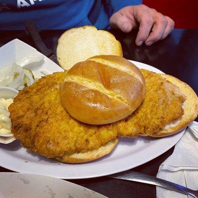 Breaded tenderloin sandwich.