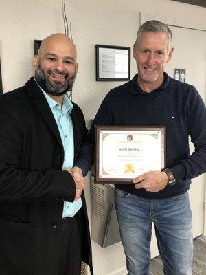 Auto Capital receiving their "Presidential Award" from Westlake Financial Services, for the quality of business and customer satisfaction!