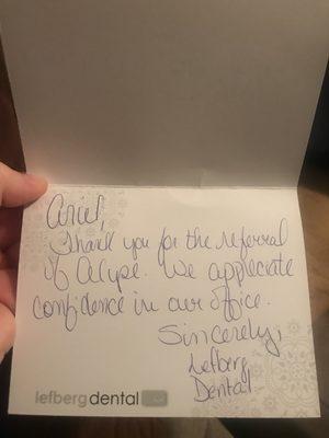 I just received a beautiful handwritten thank you card from Dr.Lefberg's office for referring my coworker to their practice! How thoughtful!