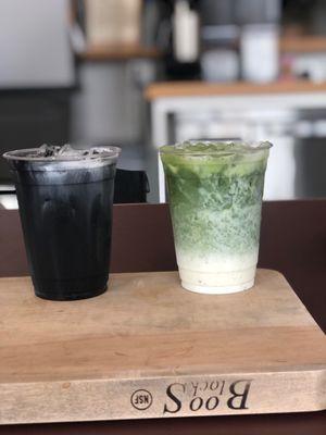 Charcoal latte and matcha latte iced