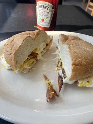 Bacon egg and cheese on a Kaiser roll