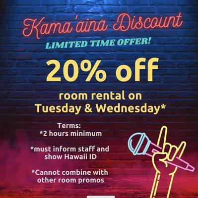 Kama'aina Discount: on going promotion, please see post for detail