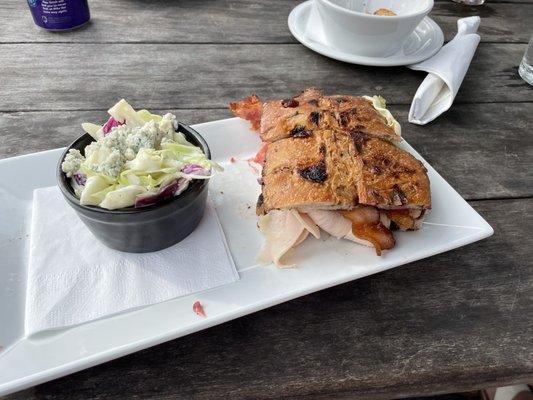 Turkey BLT with blue cheese cole slaw- that cranberry walnut bread is awesome!