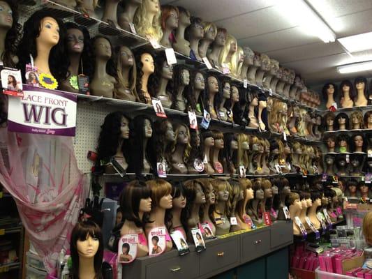 So many wigs! Synthetic, human, lace front. Great for fashion, a quick new do. Especially nice for those going through chemo.