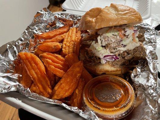 Pulled pork sandwich and sweet potato fries. I wasn't a huge fan.