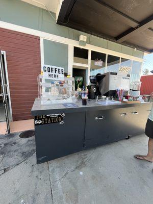 Coffee station at an old gas station...brilliant!