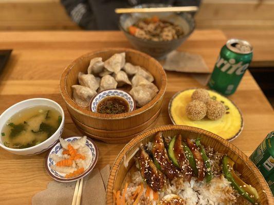 Unagi Donburi (comes with miso), Chicken Potstickers, 6. Spicy Beef Ramen, Sesame Balls