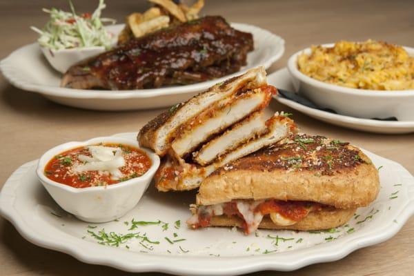 Chicken Parmesan sandwich, Baby back ribs and a side of pimento Mac and cheese.