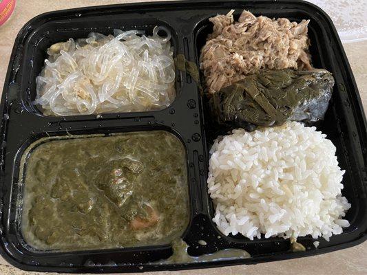 Chicken long rice, squid luau, kalua pig and lau lau