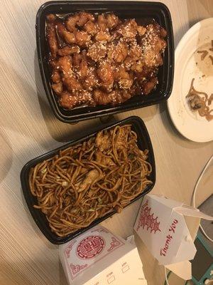 Lo mein and sesame chicken takeout