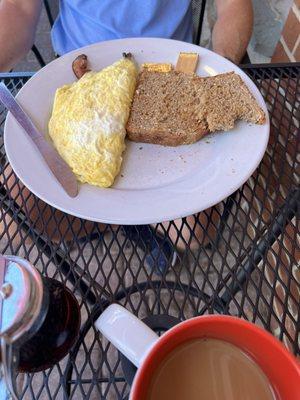 Omelette comes with toast made from homemade bread.