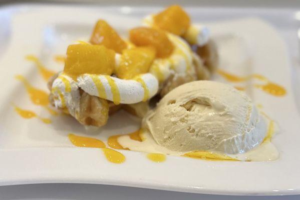 Mango croissant waffle with ice cream