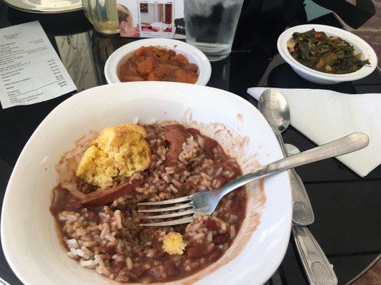 Red beans and rice with turkey sausage, mixed greens and yams.