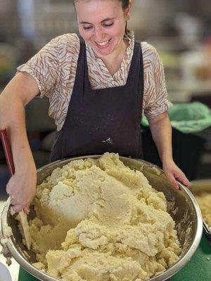 Lots of house made mashed potatoes complete with Strauss organic milk and processed by hand through a food mill