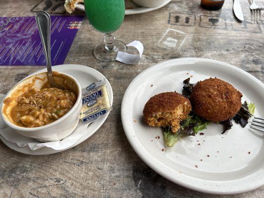 Gumbo and crab cakes.