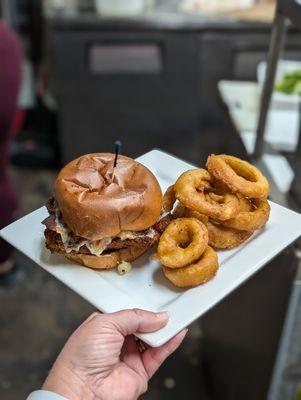 Juicy burger with onion rings