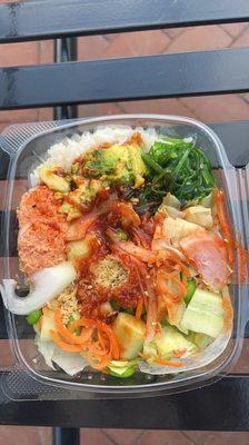 half rice/half salad, spicy tuna & crab, avocado, onion, carrot, edamame, ginger, cucumber, seaweed salad, and House Spicy Sauce