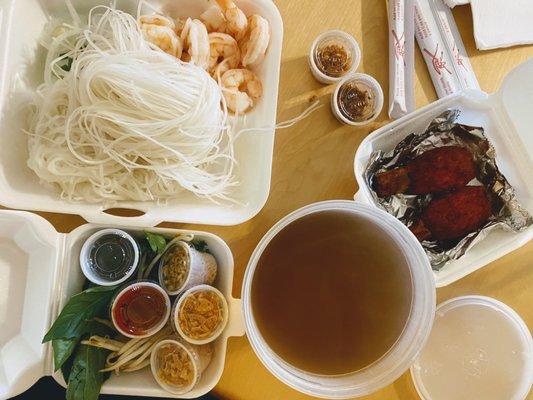 To go: Chao Tom (Grilled Shrimp-Sugarcane) $7 Shrimp (Pho Bo Shrimp) Soup $11.96 (Bottom left container is from the toppings bar)