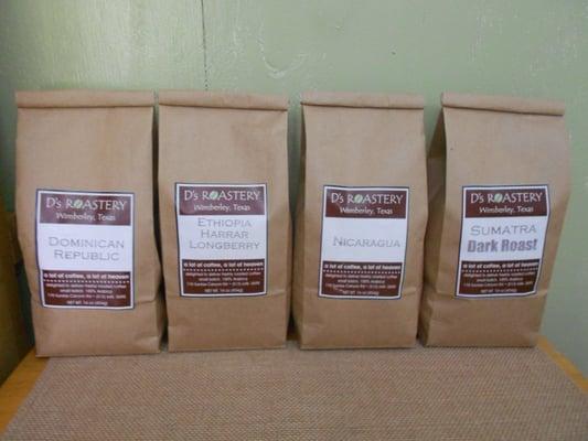 $12 per pound.
 Nicaragua fair trade organic
 Sumatra dark roast
 Ethiopia Harrar 
 Dominican Republic organic
 Colombian decaf