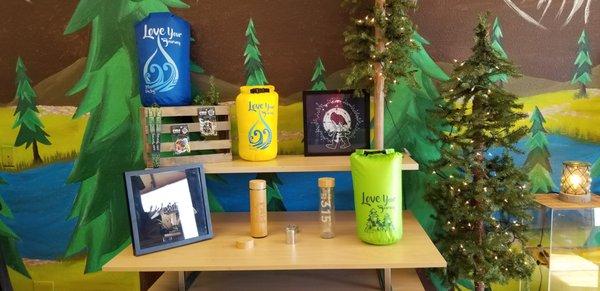 PNW Journey display - Dry bags, water bottles, designs