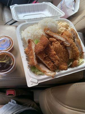 Katsu chicken, rice , macaroni salad and cabbage