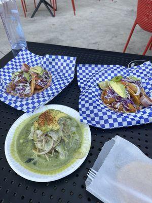 Tostada aguachile verde and baja fish tacos