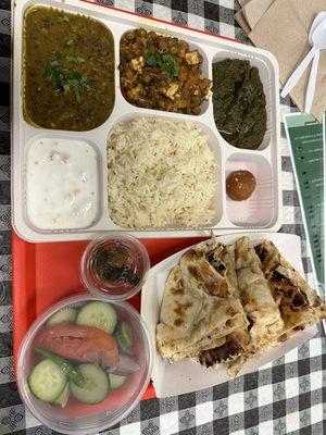 Combo thali - 1 dal, 2 sabzi, raita, naan (roti option available), rice, salad, achar, dessert