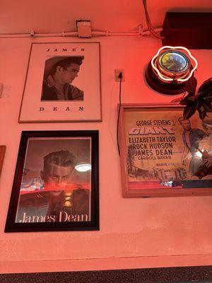 '50s decor; different sections are devoted to different '50s icons, like this area for James Dean.