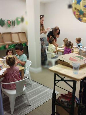 The back dining room during a private party. This room is filled with ride-on and active toys during regular business hours.