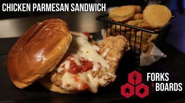 A grilled or crispy chicken sandwich seasoned with parmesan and topped with cheese and marinara sauce. 
 
 Served with your choice of side!