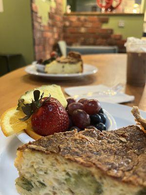 Veggie Quiche Lunch w/bowl of fruit and iced mocha Quiche Lunch