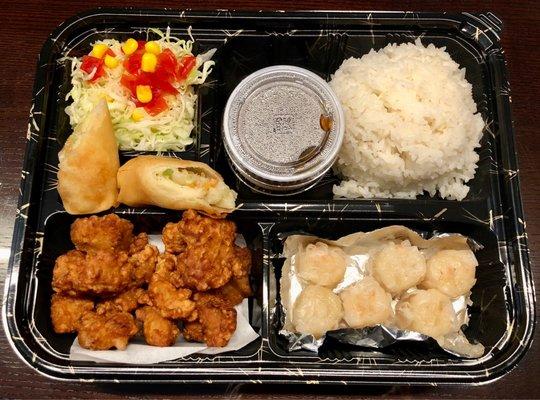 Bento box with chicken karaage & shrimp shumai