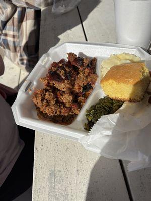 Meatloaf, homemade mash, greens, sweet cornbread