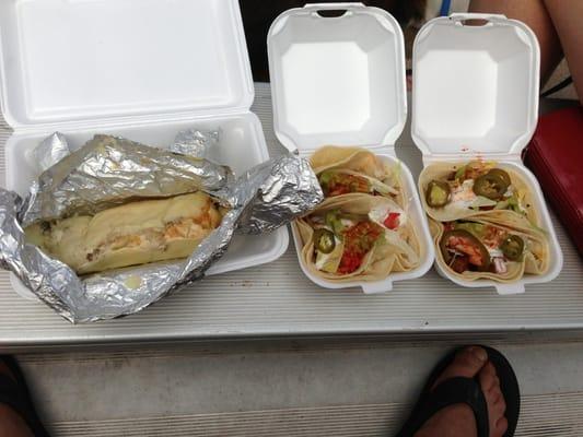 Tamale, chicken and steak tacos