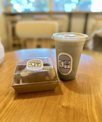 coffee roll cake, sesame latte