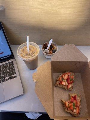 Yogurt cup, berry toast and Aussie Iced Latte