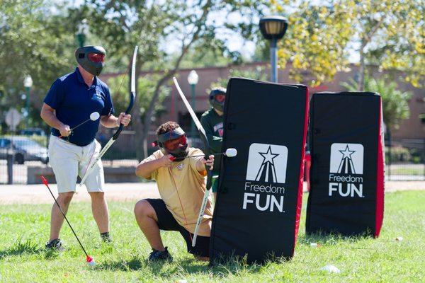 Archery Tag is a hit! It's perfect for kids and adults. Here we set up a team building activitiy outdoors with archery games!