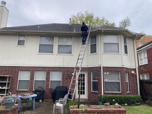 Gutter clean up and sealed the miters with aluminum caulking as prevented gutter leaking