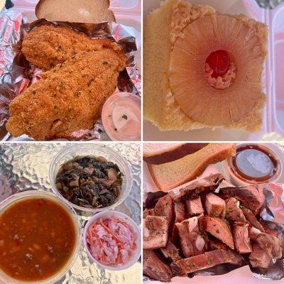 Mouthwatering fried catfish, pork tips with BBQ sauce, baked beans, greens, coleslaw and pineapple cake.