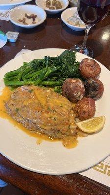 Stuffed fish with crab and shrimp with broccoli rabe and red potatoes