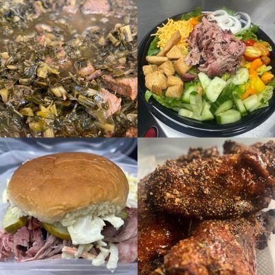 Collard greens, salad with pulled pork, pulled pork sandwich topped with pickles & coleslaw, smoked then fried wings