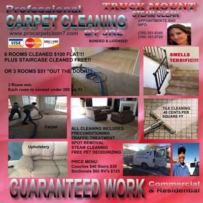 Christmas Special:
6 Rooms $100 FLAT!!!
Plus Staircase cleaned FREE!!!
Www.facebook.com/professionalcarpetcleaningbyjrl