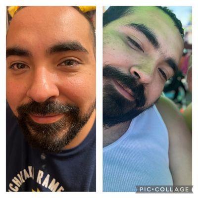 Beard trim and fade... before and after pics! The white tank top was 4 weeks ago... blue shirt was today 7/28/2023