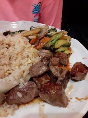 Steak Hibachi with stir-fry rice and vegetables. Wonderful! Lunch order $12