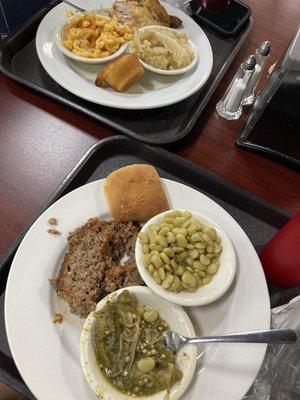 Meatloaf, okra, Lima beans. Baked chicken, cabbage, & mac&cheese