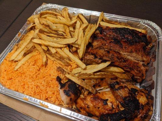 Half chicken half pork ribs combo with fries and rice