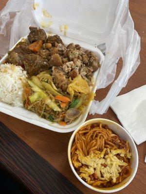 Caldereta, Sisig, rice, pancit, spaghetti