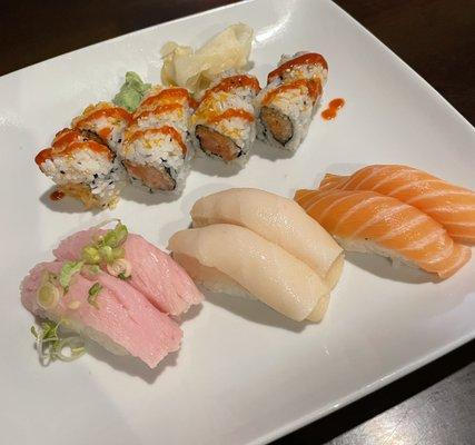 Volcano Special Roll; Sushi (left to right) - Yellow Tail, White Tuna, Salmon